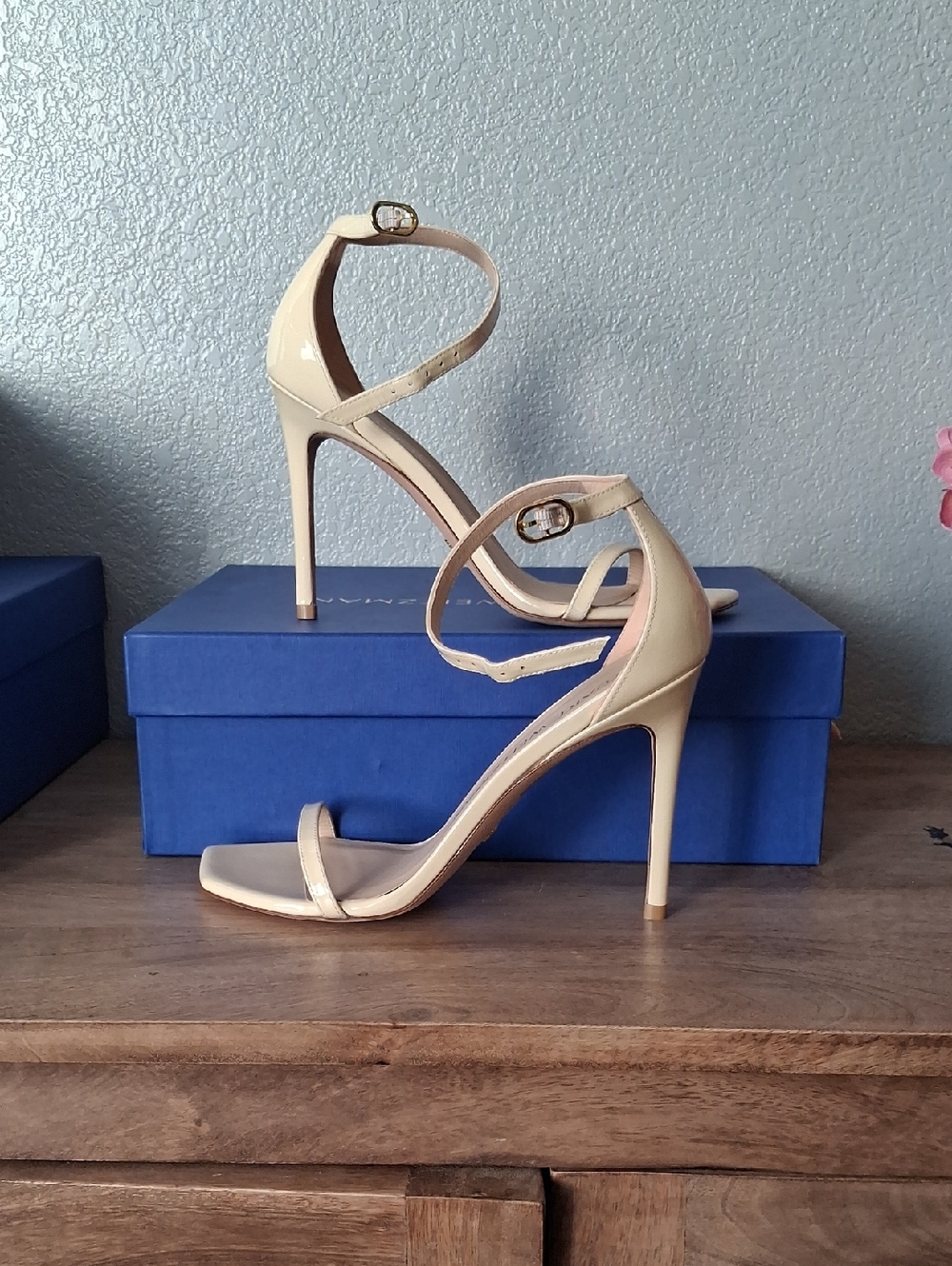 Stuart Weitzman Patent Nude Beige Strappy Stiletto Sandals
